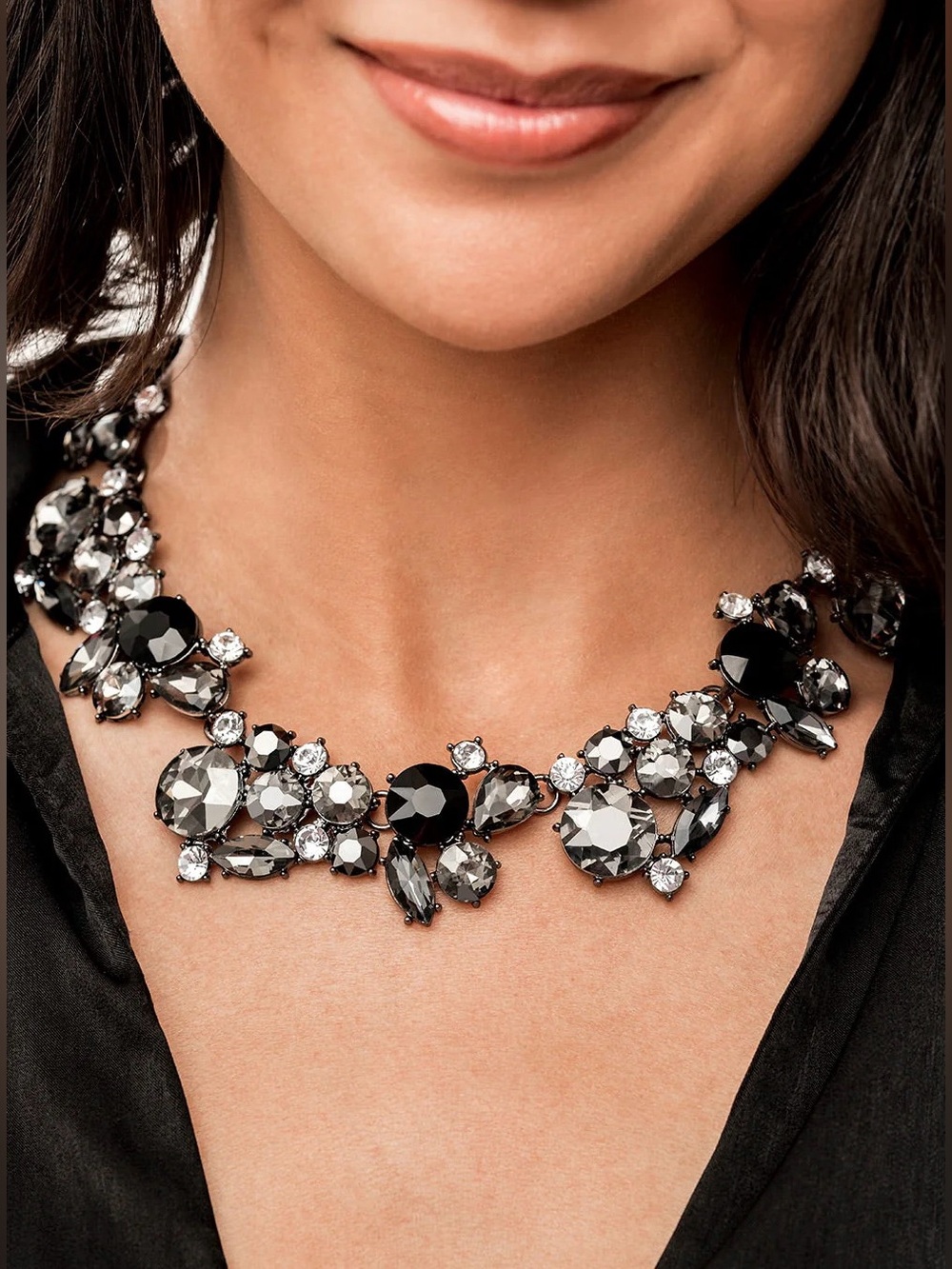 Statement Black and Silver Crystal Cluster Necklace & Earrings Set